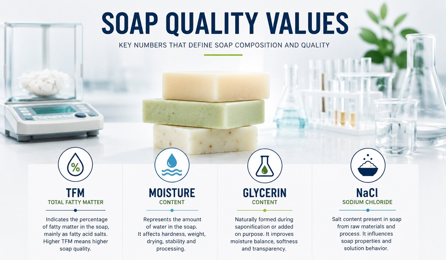 Soap quality values including TFM, moisture, glycerin and sodium chloride