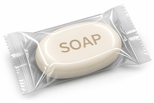 Flow pack soap bar featured in the SoapWorld Expo soap exhibition and soap fair, representing individual packaging solutions for solid soap products and the global soap industry.