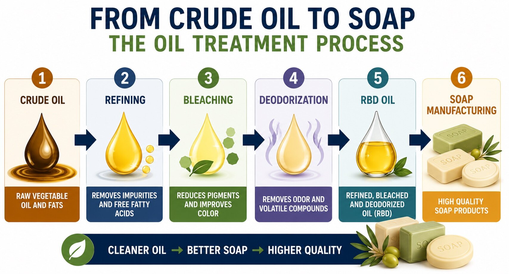 Oil refining, bleaching and deodorization for soap manufacturing