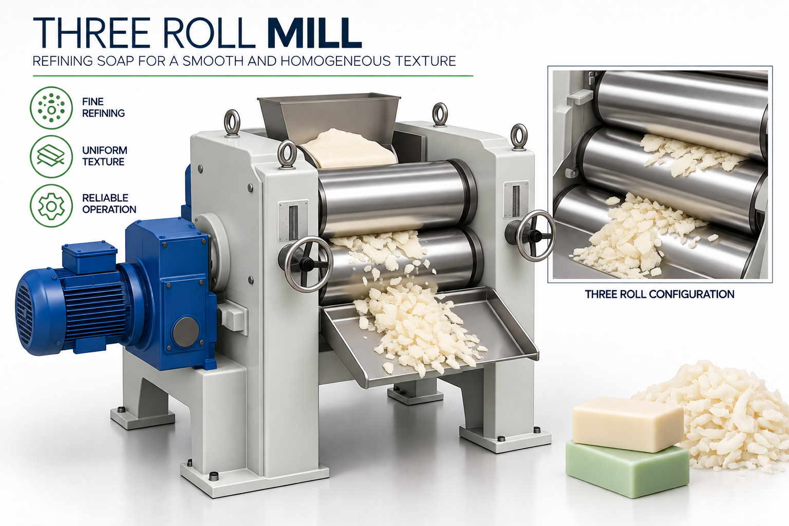 Three Roll Mill for soap refining and soap manufacturing