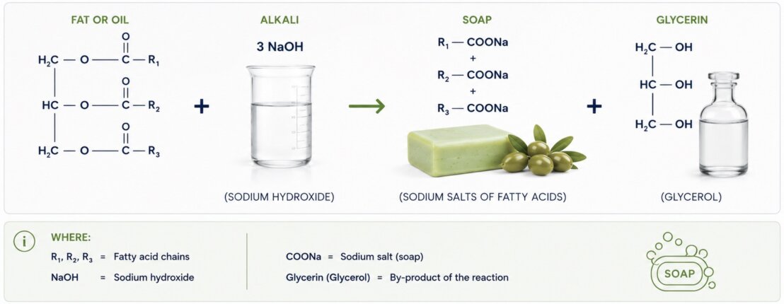 Chemical representation of saponification showing the reaction between fats or oils and sodium hydroxide to form soap and glycerin.