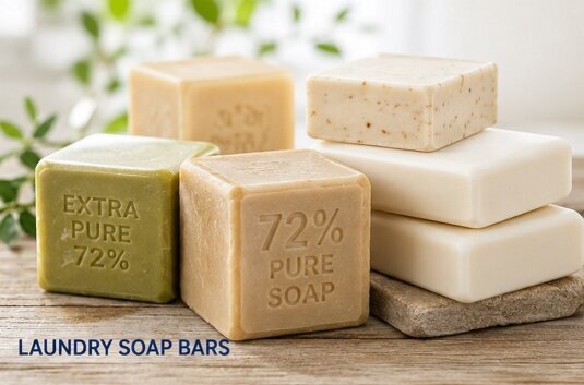 Laundry soap bars for household and industrial cleaning, including solid soap formulations with different shapes, sizes, compositions and cleaning properties.