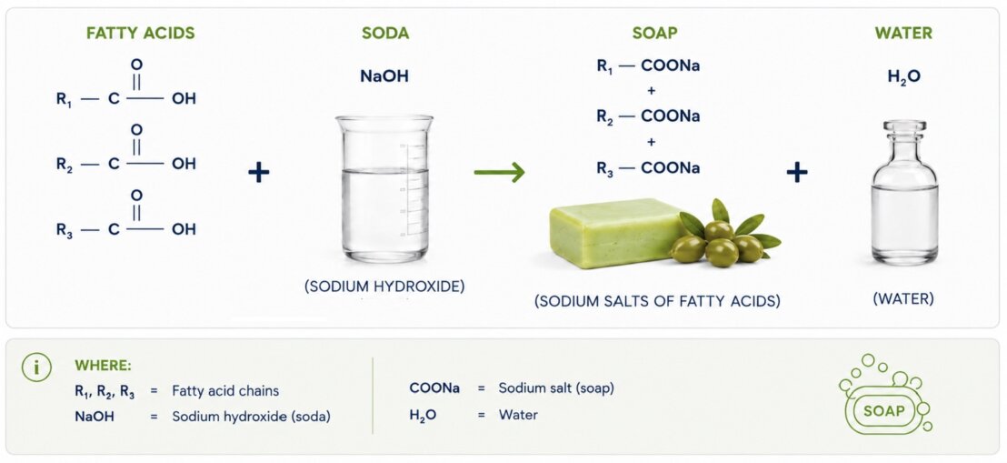 Chemical representation of fatty acid neutralization with sodium hydroxide, producing sodium salts of fatty acids (soap) and water.