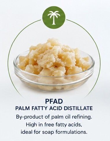 PFAD (Palm Fatty Acid Distillate) is a by-product of palm oil refining, rich in free fatty acids and used as a raw material in soap formulations.