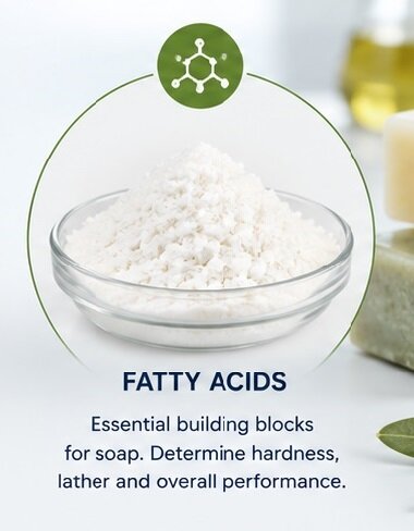 Fatty acids are essential building blocks of soap, influencing hardness, lather, cleansing properties and the overall performance of the finished soap.