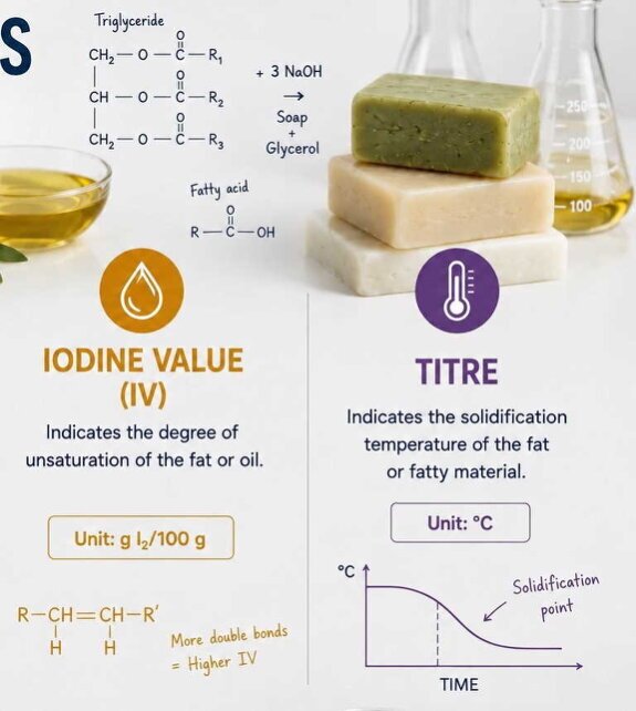 Iodine Value indicates the degree of unsaturation of oils and fats, while Titre indicates the solidification temperature of fats and fatty materials used in soap manufacturing.