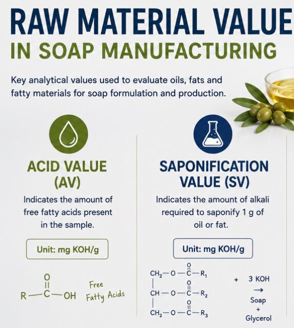 Key analytical values used to evaluate oils, fats and fatty materials for soap formulation and production, including Acid Value and Saponification Value.