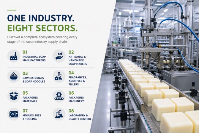 Overview of the eight sectors covering manufacturers, raw materials, fragrances, packaging, machinery, moulds, tooling and laboratory solutions for the global soap industry.
