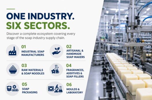 Overview of the eight sectors covering manufacturers, raw materials, fragrances, packaging, machinery, moulds, tooling and laboratory solutions for the global soap industry.