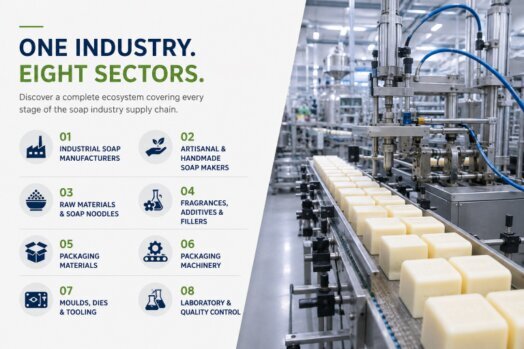 Overview of the eight sectors covering manufacturers, raw materials, fragrances, packaging, machinery, moulds, tooling and laboratory solutions for the global soap industry.