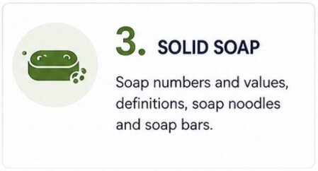 Overview of solid soap, including soap numbers and values, definitions, soap noodles and soap bars used in different applications.