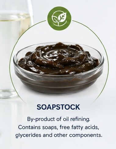 Soapstock is a by-product of oil refining containing soaps, free fatty acids, glycerides and other components, used as a raw material for soap production.